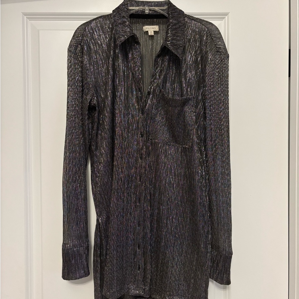 Metallic Semi Sheer Button-Up Blouse